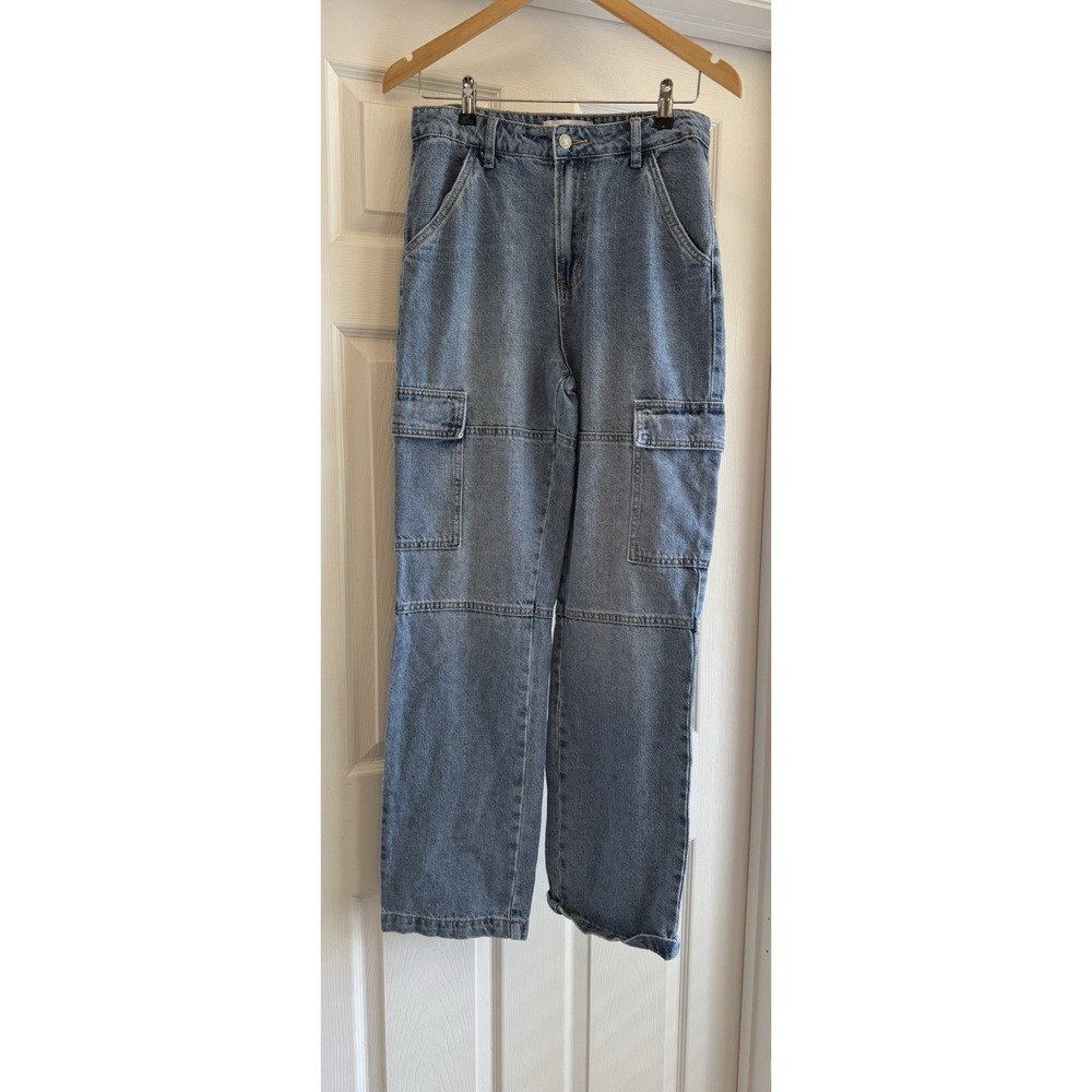 S.O.N.G. Cargo Jeans Women 5/27 Blue Medium Wash High Rise Straight Leg Utility